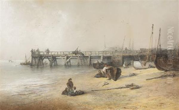 Figures And Boats On Yarmouth Beach, The Jetty Beyond Oil Painting by Edward Robert Smythe