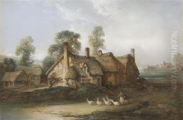 A Goose Girl With Her Flock Before Thatched Cottages Oil Painting by Edward Robert Smythe