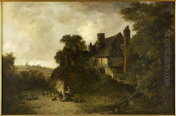 Figures Before A Farm In An Extensive Landscape Oil Painting by Edward Robert Smythe