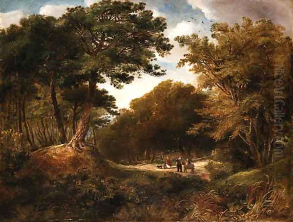 Travelers on a wooded path Oil Painting by English School