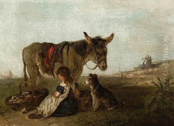 Girl On Donkey On The Sea Shore Oil Painting by Edward Robert Smythe