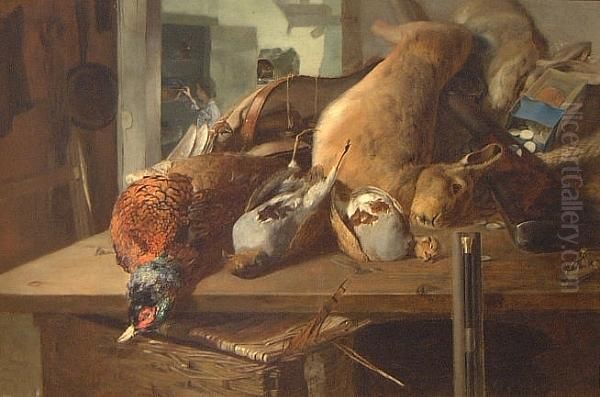 A Mixed Bag, Pheasant, Rabbit And Partridge Ona Table Oil Painting by Edward Robert Smythe