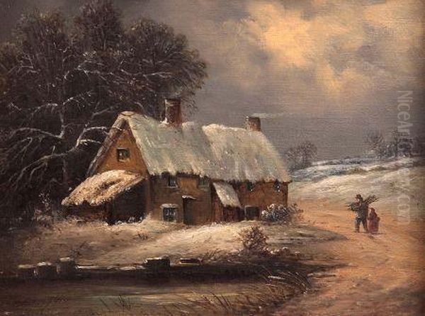 Winter Landscape With Figures Outside A Thatched Cottage Oil Painting by Edward Robert Smythe