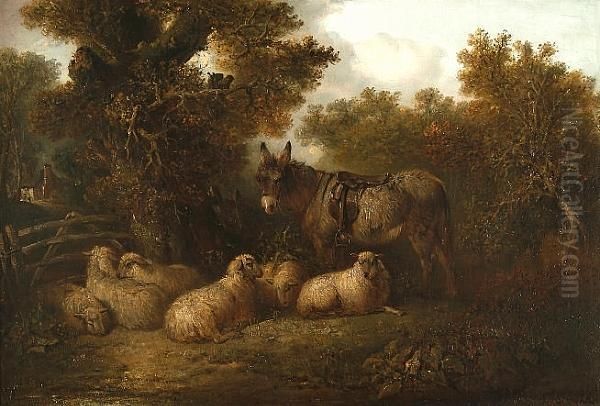 A Donkey And Sheep By A Gate Oil Painting by Edward Robert Smythe