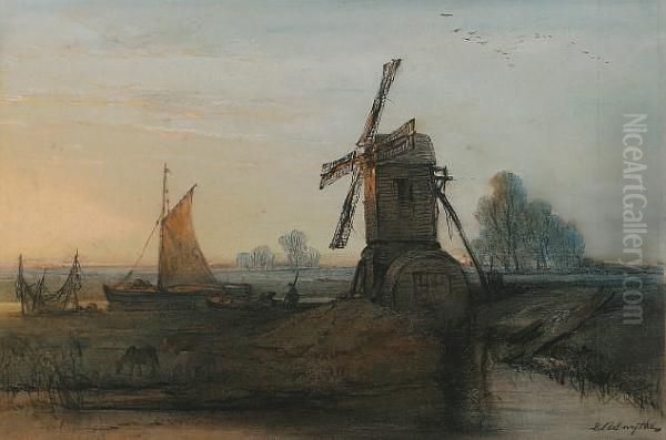 A Broadland Scene At Evening, With A Windmill In The Foreground Oil Painting by Edward Robert Smythe