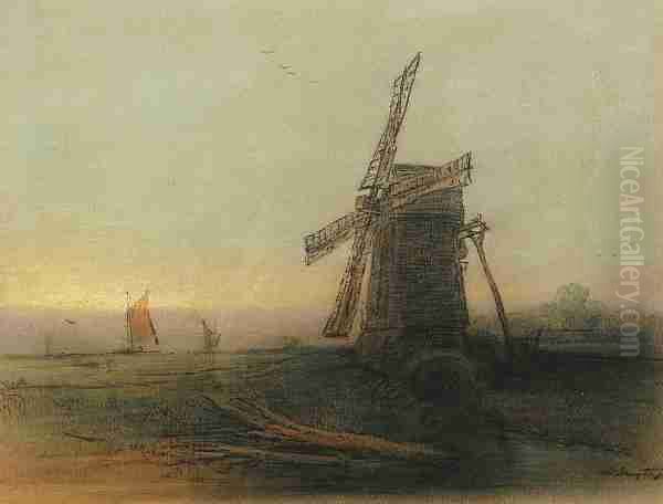 A Mill On The Norfolk Broads At Sunset Oil Painting by Edward Robert Smythe