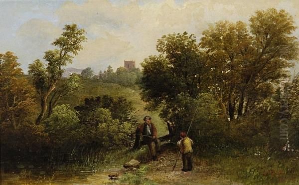 Figures Fishing In A Woodland Landscape Oil Painting by Edward Robert Smythe