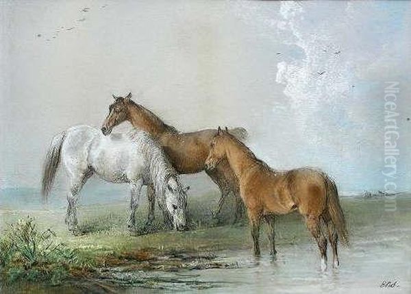 Abay And A Chestnut Pony At Water Oil Painting by Edward Robert Smythe