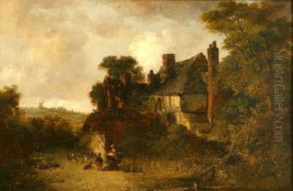 Figures, Dogand Domestic Fowl In A Country Lane Before A Cottage, Windmill Indistance Oil Painting by Edward Robert Smythe