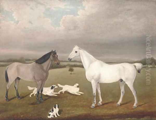 Two horses with three dogs in a landscape Oil Painting by English School