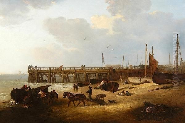 Figures On The Beach Before Yarmouth Jetty Oil Painting by Edward Robert Smythe