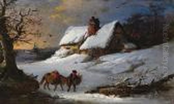 Figure And Pony In The Snow Before A Thatched Cottage Oil Painting by Edward Robert Smythe