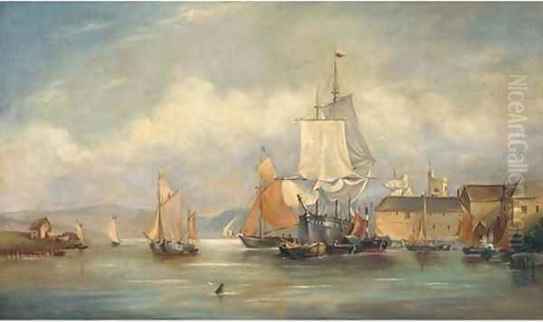 Vessels moored off a town harbour Oil Painting by English School