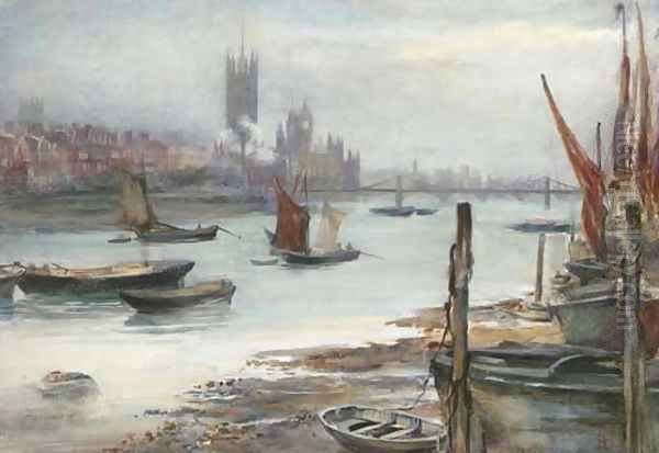 View across the Thames towards Westminster Oil Painting by English School