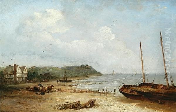 Beached Vessels At Felixstowe Sands Oil Painting by Edward Robert Smythe