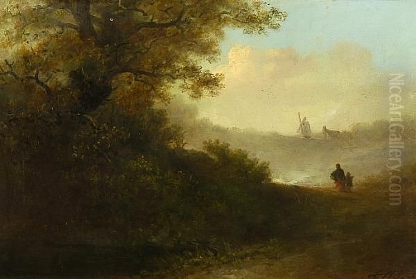 Figures On A Country Lane With Windmill Beyond Oil Painting by Edward Robert Smythe