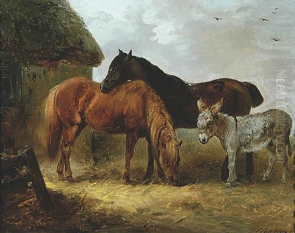 Horses And A Donkey Oil Painting by Edward Robert Smythe