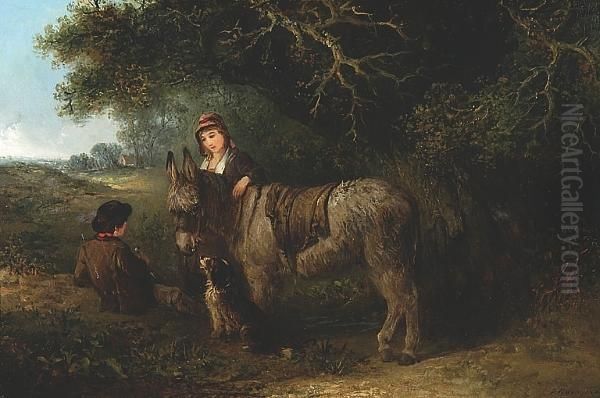 Donkey With Children And A Dog Oil Painting by Edward Robert Smythe