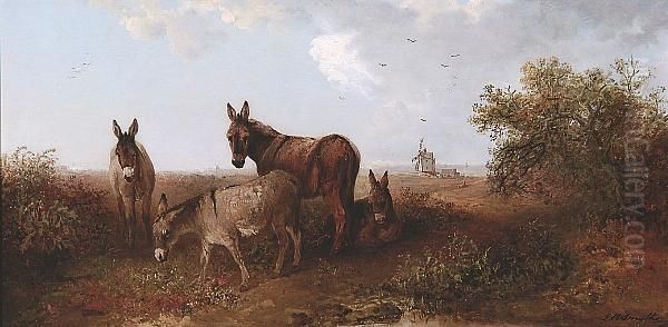 Donkeys With A Windmill Beyond Oil Painting by Edward Robert Smythe