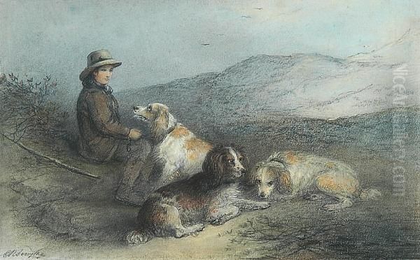 A Young Boy With His Dogs In A Mountainous Landscape Oil Painting by Edward Robert Smythe