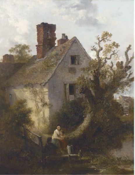 Children Before A Riverside Cottage by Edward Robert Smythe