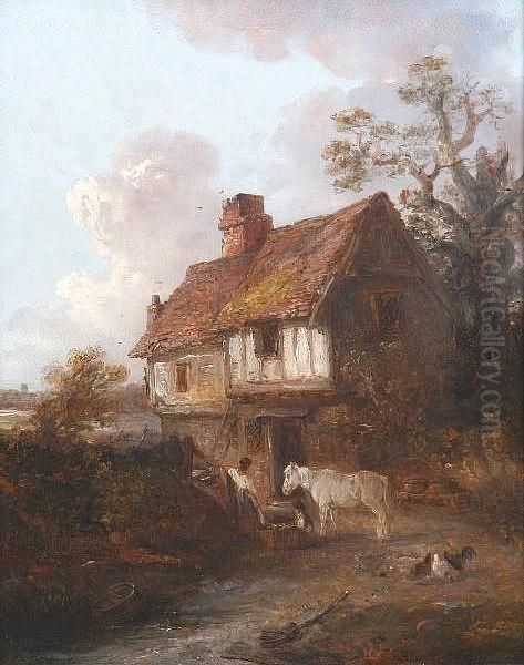 Grey Pony And Chickens By A Cottage Oil Painting by Edward Robert Smythe