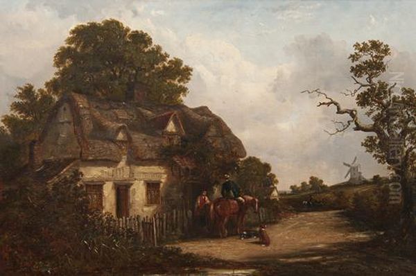 Figures In Conversation At A Cottage Gate, With Windmill Beyond Oil Painting by Thomas Smythe