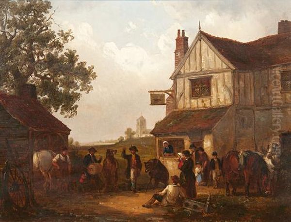 Dancing Bears Outside The Running Fox Inn Oil Painting by Thomas Smythe