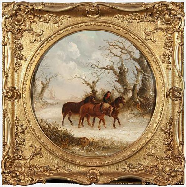 Waliking The Plough Horses Through A Snowy Landscape Oil Painting by Thomas Smythe