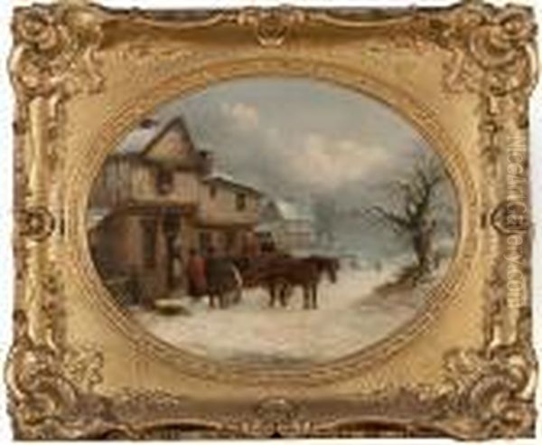 Winter - Horse And Cart Before Cottages In A Snow Covered Landscape Oil Painting by Thomas Smythe