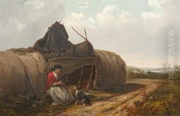 Gypsy Woman With Her Dog Before A Tent Oil Painting by Thomas Smythe