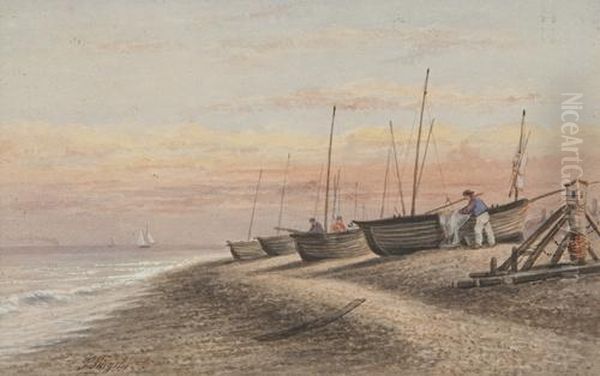 Coastal Scene With Fishing Boats On The Shore Oil Painting by Thomas Smythe