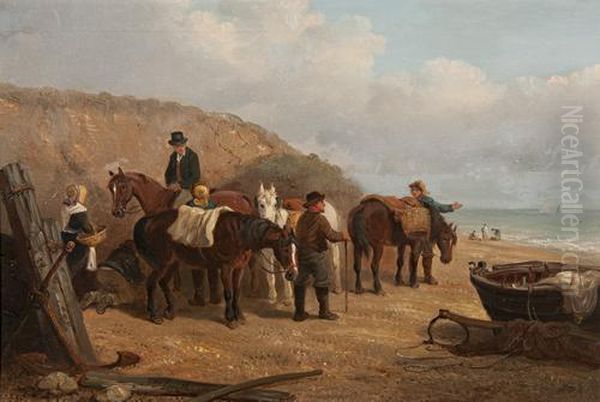 Figures, Horses And A Boat On A Foreshore Oil Painting by Thomas Smythe