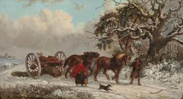 Figures With A Holly Decorated Timber Drag In A Snow Covered Landscape Oil Painting by Thomas Smythe