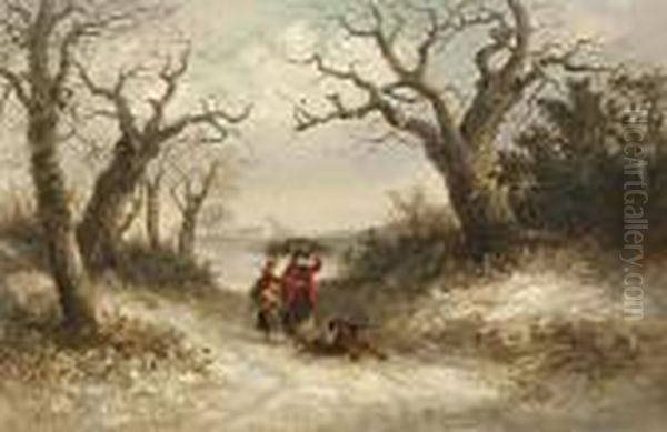 A Family Gathering Faggots And Holly In A Snow Covered Landscape Oil Painting by Thomas Smythe