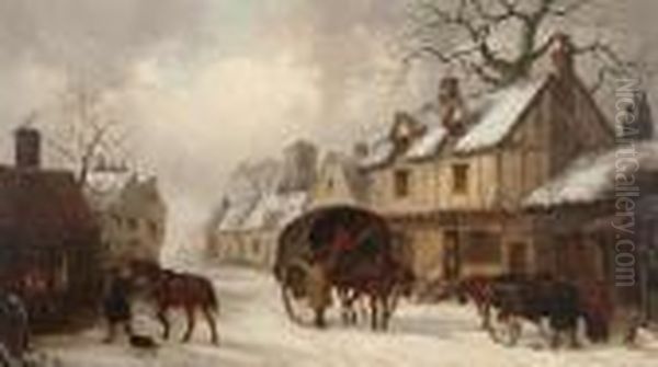 Carts In A Village Street In The Snow, A Forge To The Left Oil Painting by Thomas Smythe