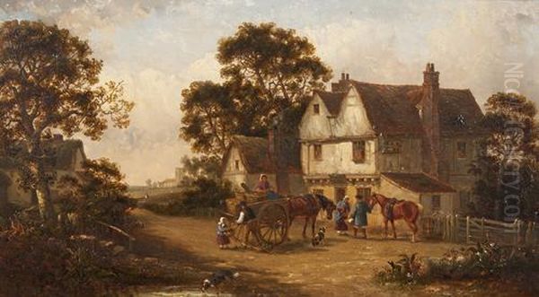 Going To Market - Figures, A Laden Cart And Horses Before A Farmhouse Oil Painting by Thomas Smythe