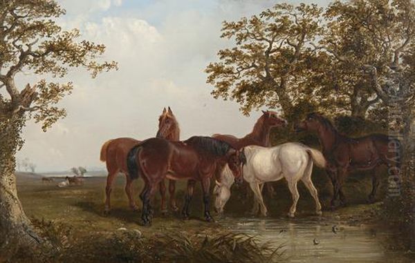 Horses Beneath Old Oaks With Meadows Beyond Oil Painting by Thomas Smythe