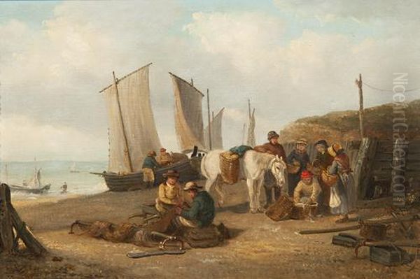 A Busy Beach Scene With Vessels, A Pony And Figures Buying Fish And Mending Nets Oil Painting by Thomas Smythe