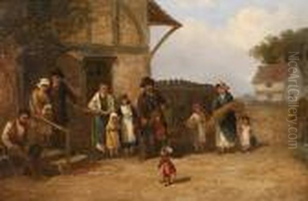 The Itinerant Organ Grinder With His Performing Monkey Entertaining A Small Audience Oil Painting by Thomas Smythe