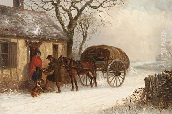 Winter; Horse And Cart At A Cottage Doorway In A Snowy Landscape Oil Painting by Thomas Smythe