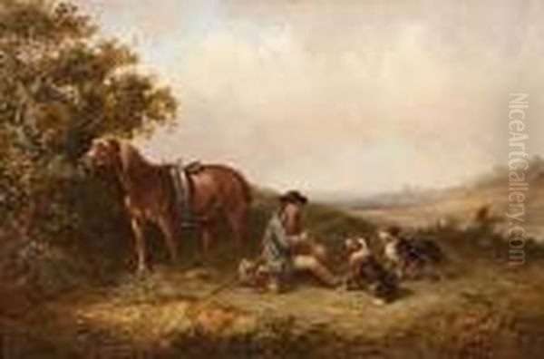 The Lunch Time Break, Farm Worker With Horse And Dogs Resting In A Landscape Oil Painting by Thomas Smythe