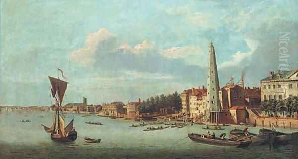 View of the Thames, the tower of the York Buildings Waterworks Company, with Westminster Bridge and Westminster Abbey beyond Oil Painting by English School