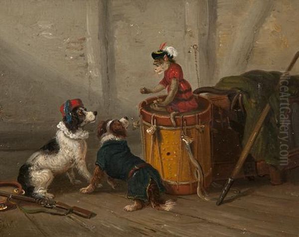 Monkey Seated On A Drum Teasing Two Spaniels Oil Painting by Thomas Smythe