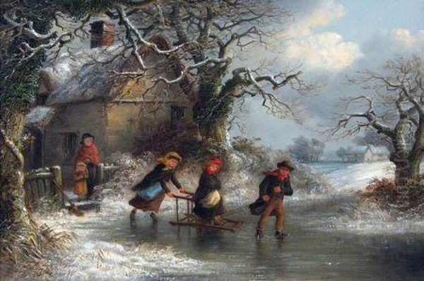 Winter Scene With Children Sledging On A Chair Oil Painting by Thomas Smythe