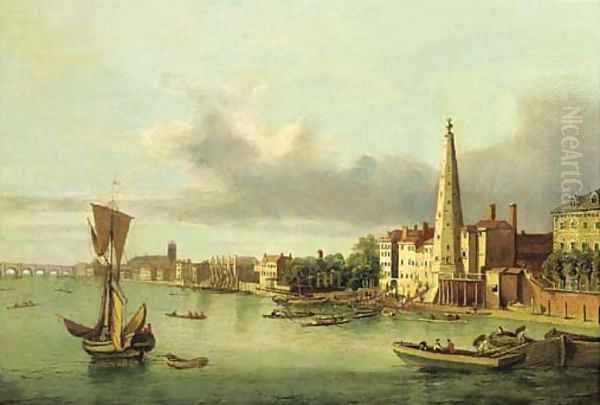 View of the York buildings and the waterworks tower from the Thames, Westminister Bridge and Abbey beyond Oil Painting by English School