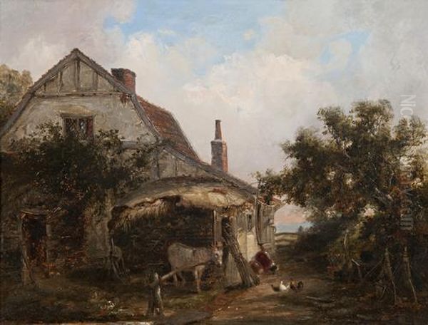 Farmstead With Chickens And Donkey Oil Painting by Thomas Smythe