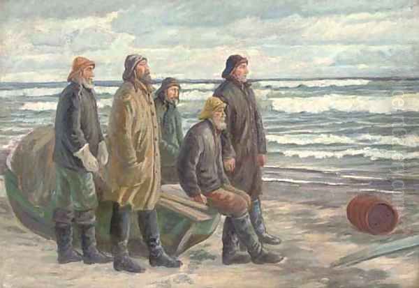 Waiting for the fishing vessel Oil Painting by English School