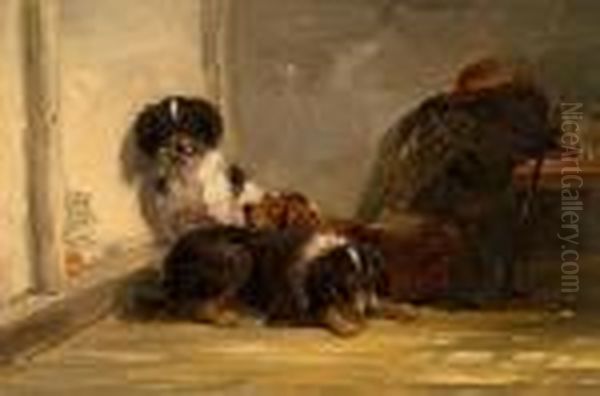 Dogs In An Interior Oil Painting by Thomas Smythe