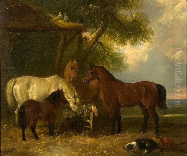 Horses With Dog And Doves Sheltering Beside Anoutbuilding Oil Painting by Thomas Smythe